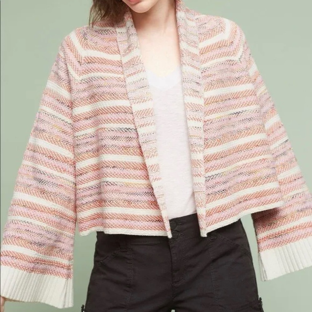 Anthropologie Moth Mahalia Pink Tweed Knit Cropped Striped Cardigan - XS